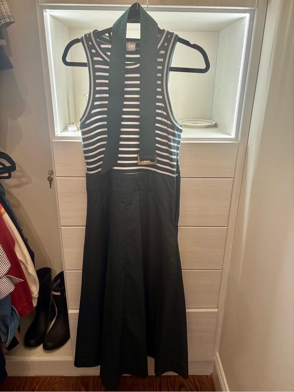 Veronica Beard Black and White Striped Knit Bodice Midi Dress